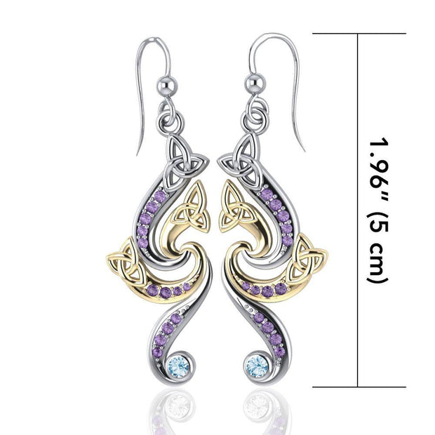 A dazzling eternity ~ Sterling Silver Celtic Triquetra Dangle Earrings with 14k Gold Accent and Gemstone MER569