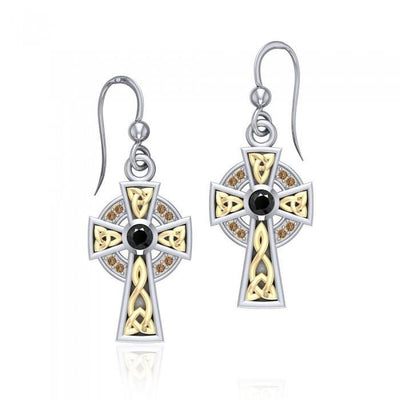An honorable symbol of faith ~ Sterling Silver Jewelry Celtic Cross Hook Earrings with 18k Gold accent MER701
