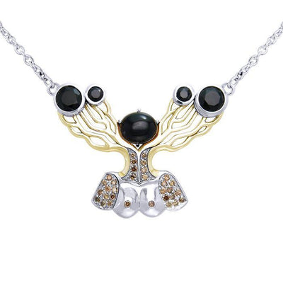 An impressive reminder of Dali’s art ~ fine Sterling Silver Necklace in 18k Gold overlay accented with Brown Diamonds and Black Spinel MNC137