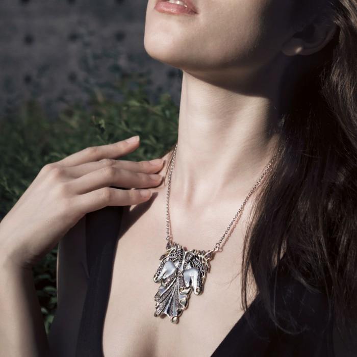 Dali-inspired fine Sterling Silver Body Shape Jewelry Necklace in 14k Gold accent