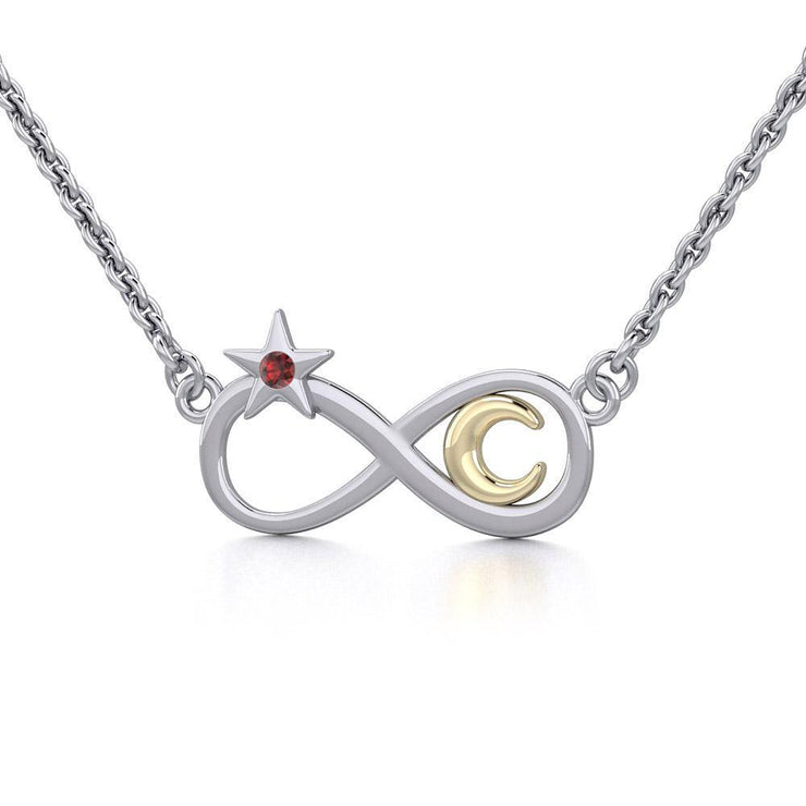 Infinity Moon and Star Silver and Gold Necklace with Gemstone MNC486