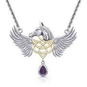 Celtic Pegasus Horse with Wing Silver and Gold Necklace MNC540