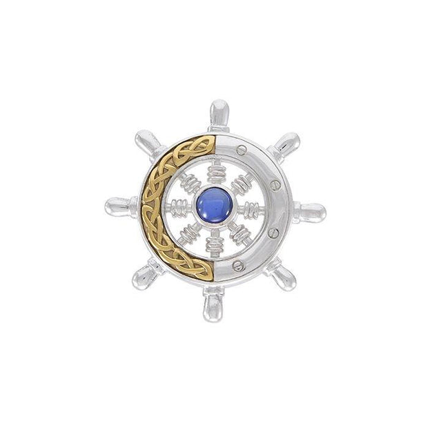 Continuing the sea journey with Celtic ship wheel ~ Sterling Silver pendant 14k gold Celtic knotwork accent and gemstone MPD069