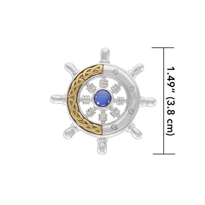 Continuing the sea journey with Celtic ship wheel ~ Sterling Silver pendant 14k gold Celtic knotwork accent and gemstone MPD069