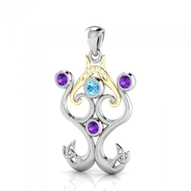 An endless life’s motif ~ Sterling Silver Celtic Triquetra Pendant with 14k Gold Accent and Gemstone MPD1274