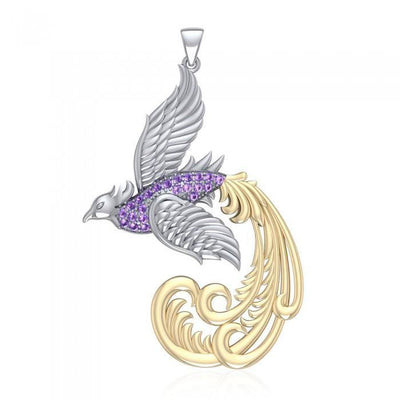 Multifaceted and Alighting Phoenix ~ Sterling Silver Jewelry Pendant with 14k Gold and Gems Accents MPD2917