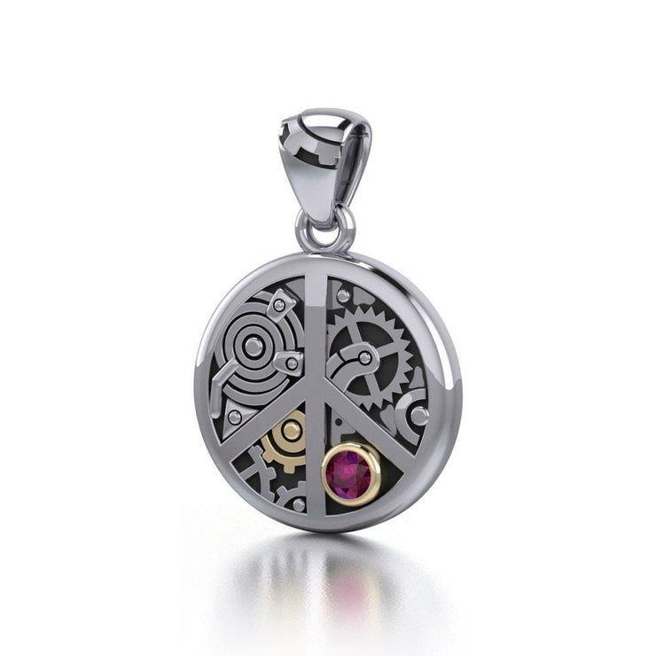 Peace Symbol Steampunk Sterling Silver and Gold Accent Pendant MPD3926