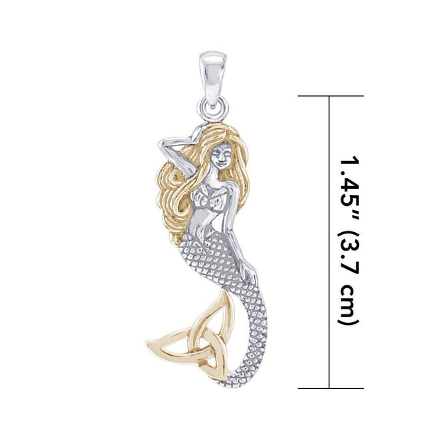 Mermaid Goddess with Gold Trinity Knot Tail Sterling Silver Pendant MPD4938