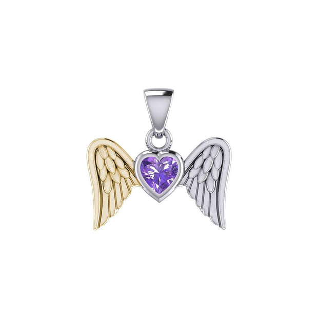 Gemstone Heart and Flying Angel Wings Silver and Gold Pendant MPD5228