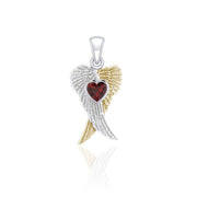 Heart Gemstone and Double Angel Wings Silver and 14K Gold Plate Pendant MPD5229