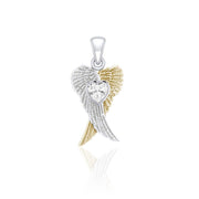 Heart Gemstone and Double Angel Wings Silver and 14K Gold Plate Pendant MPD5229