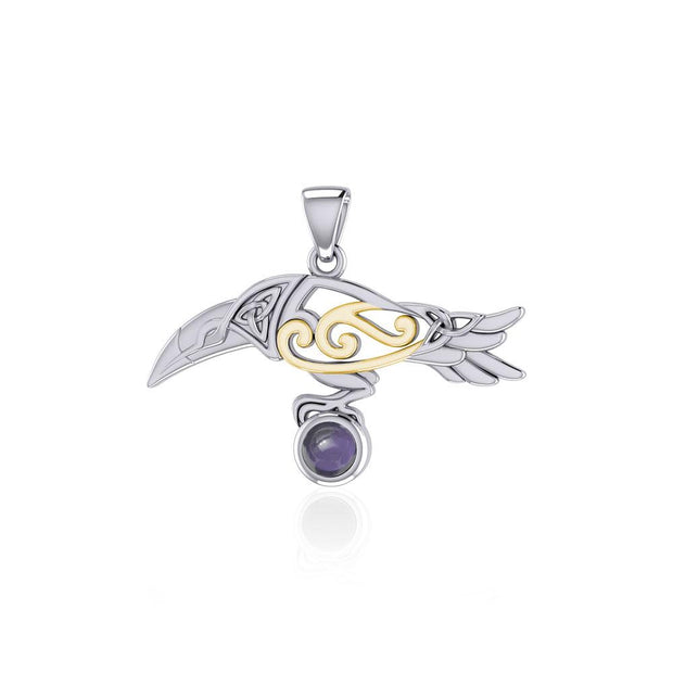 Celtic Spirit Raven with Gemstone Silver and Gold Pendant MPD5252