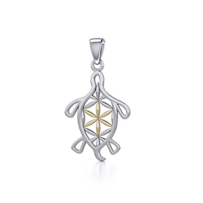Turtle with Flower of Life Shell Silver and Gold Pendant MPD5271