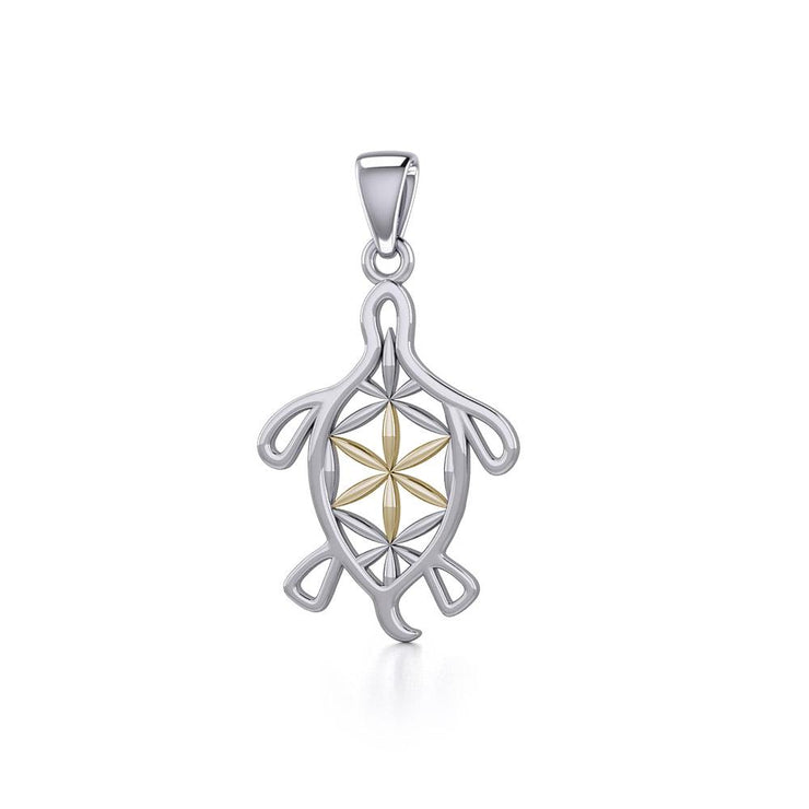 Turtle with Flower of Life Shell Silver and Gold Pendant MPD5271