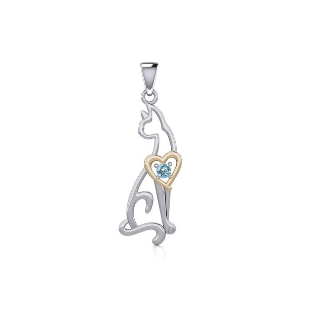 Lovely Heart Cat Silver and Gold Pendant with Gem MPD5273