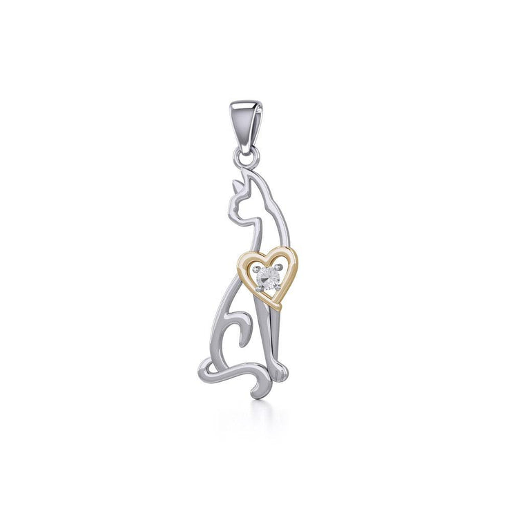 Lovely Heart Cat Silver and Gold Pendant with Gem MPD5273