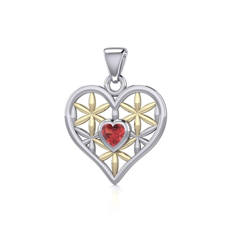 Silver and Gold Geometric Heart Flower of Life Pendant with Gemstone MPD5282
