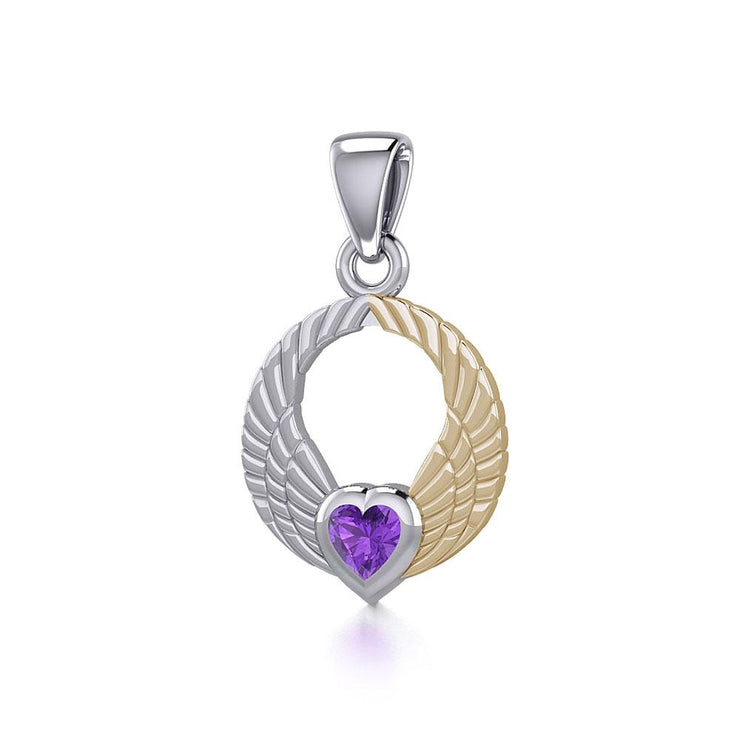Double Angel Wings Silver and 14K Gold Plate Pendant with Gemstone MPD5286 - Peter Stone Wholesale