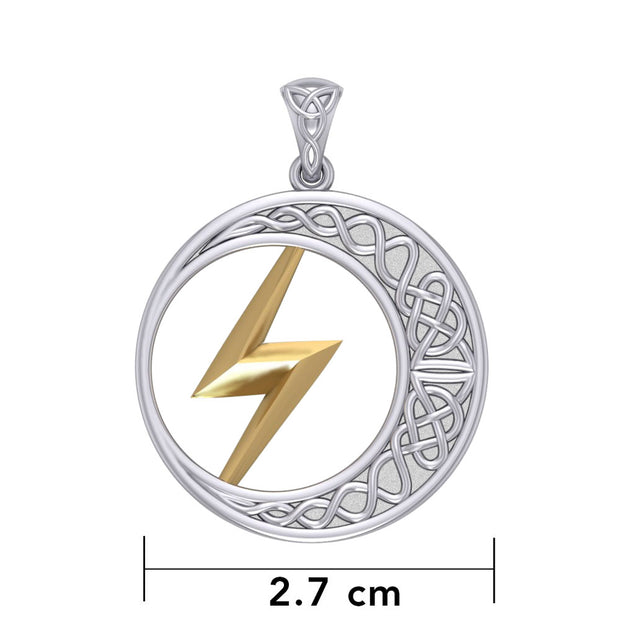 Zeus God Lightning Bolt with Celtic Crescent Moon Silver and Gold Pendant MPD5900