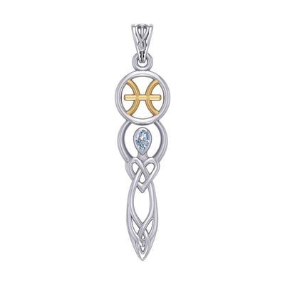 Celtic Goddess Pisces Astrology Zodiac Sign Silver and Gold Accents Pendant with Aquamarine MPD5934