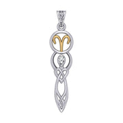 Celtic Goddess Aries Astrology Zodiac Sign Silver and Gold Accents Pendant with White Stone MPD5935