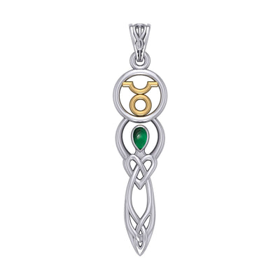 Celtic Goddess Taurus Astrology Zodiac Sign Silver and Gold Accents Pendant with Emerald MPD5936