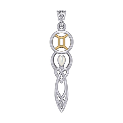 Celtic Goddess Gemini Astrology Zodiac Sign Silver and Gold Accents Pendant with Mother of Pearl MPD5937