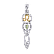 Celtic Goddess Leo Astrology Zodiac Sign Silver and Gold Accents Pendant with Peridot MPD5939