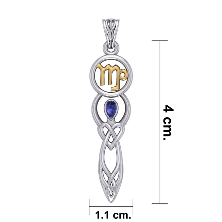 Celtic Goddess Virgo Astrology Zodiac Sign Silver and Gold Accents Pendant with Created Sapphire MPD5940