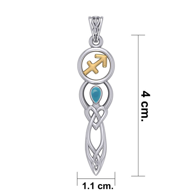 Celtic Goddess Sagittarius Astrology Zodiac Sign Silver and Gold Accents Pendant with Turquoise MPD5943