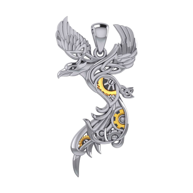 Steampunk Celtic Phoenix Silver and Gold Accent Pendant MPD5999