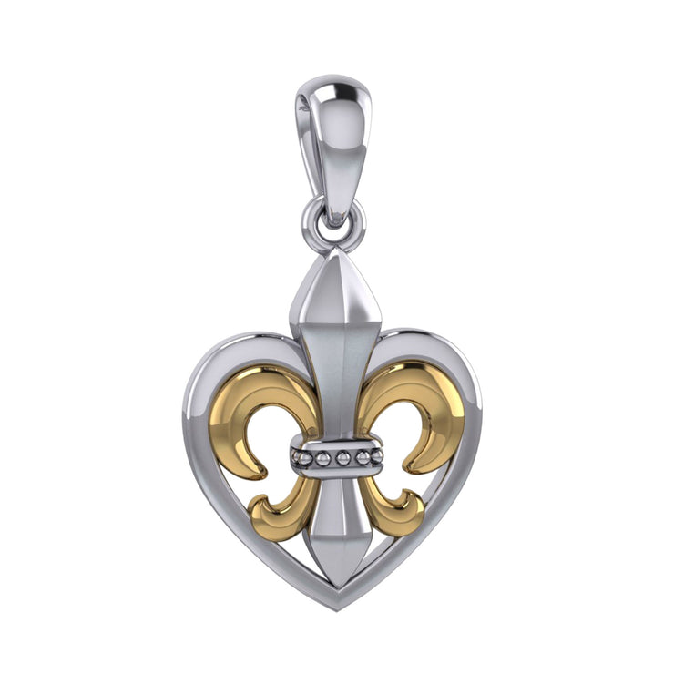 A powerful Sterling Silver with 14K Gold accent Jewelry Pendant in Fleur-de-Lis and Heart MPD6067