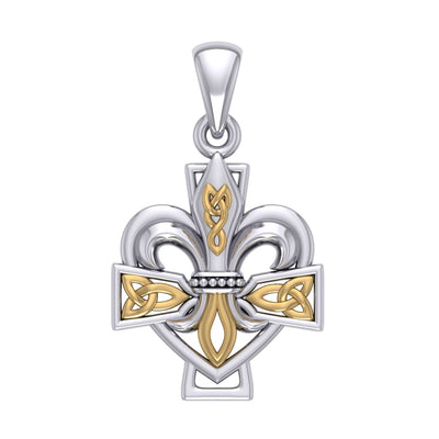 A powerful combination of Celtic elements ~ Sterling Silver with 14K Gold accent Jewelry Pendant in Fleur-de-Lis and Celtic Cross MPD6068