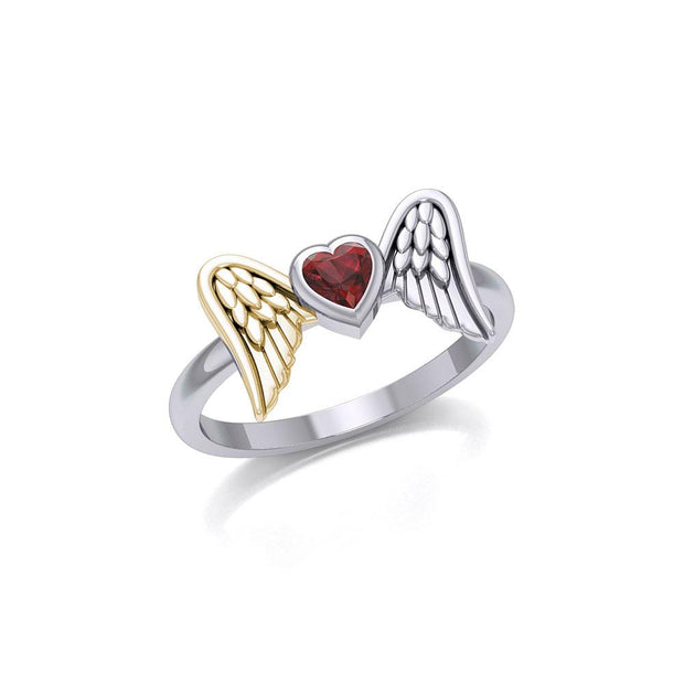 Heart Gemstone and Double Angel Wings Silver and Gold Ring MRI1839