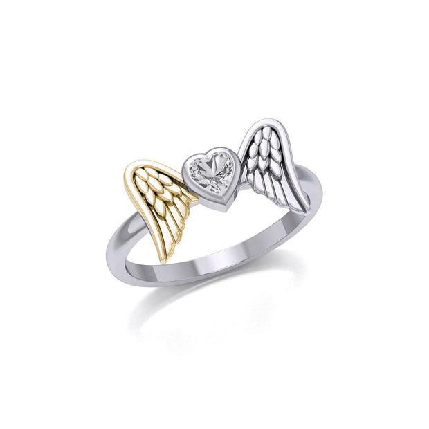 Heart Gemstone and Double Angel Wings Silver and Gold Ring MRI1839