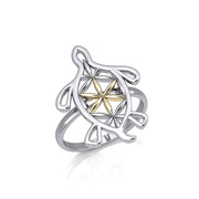 Turtle with Flower of Life Shell Silver and Gold Ring MRI1894 - Peter Stone Wholesale