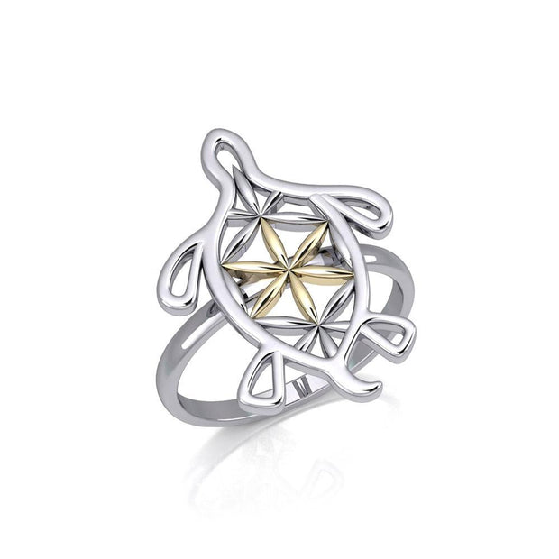 Turtle with Flower of Life Shell Silver and Gold Ring MRI1894