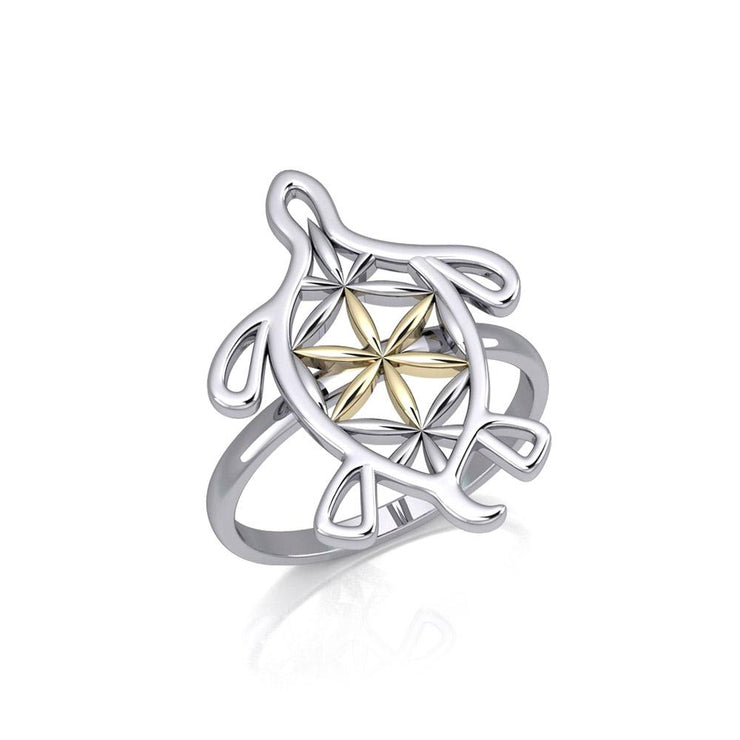 Turtle with Flower of Life Shell Silver and Gold Ring MRI1894 - Peter Stone Wholesale
