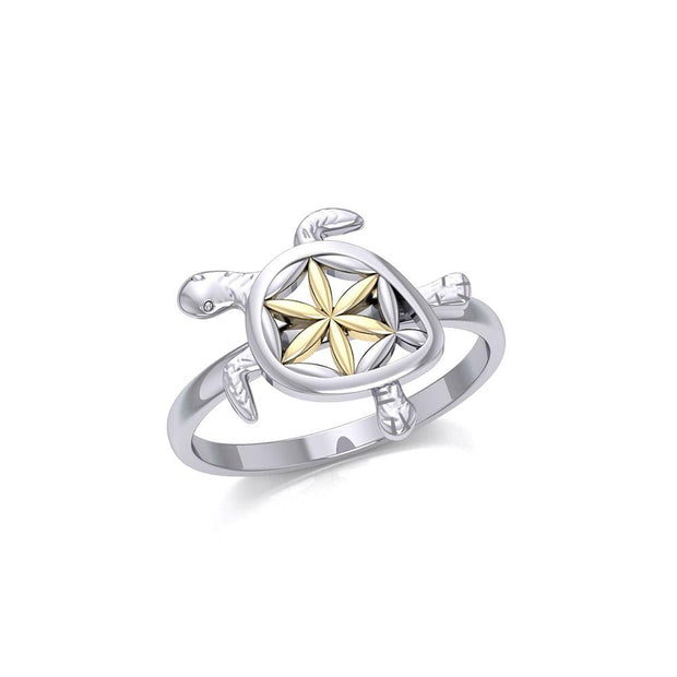 Swimming Turtle with Flower of Life Shell Silver and Gold Ring MRI1895