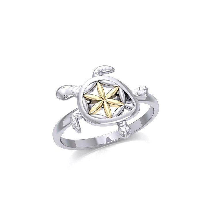 Swimming Turtle with Flower of Life Shell Silver and Gold Ring MRI1895