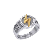 Zeus God Lightning Bolt with Celtic Trinity Knot Silver and Gold Ring MRI2296