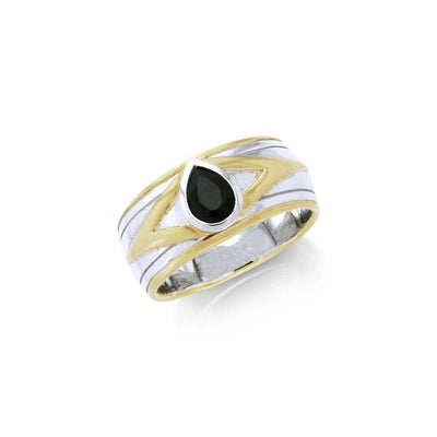 Black Magic Teardrop Solitare Silver & Gold Ring MRI476