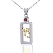 Capricorn Zodiac Sign Silver and Gold Pendant with Garnet and Chain Jewelry Set MSE781