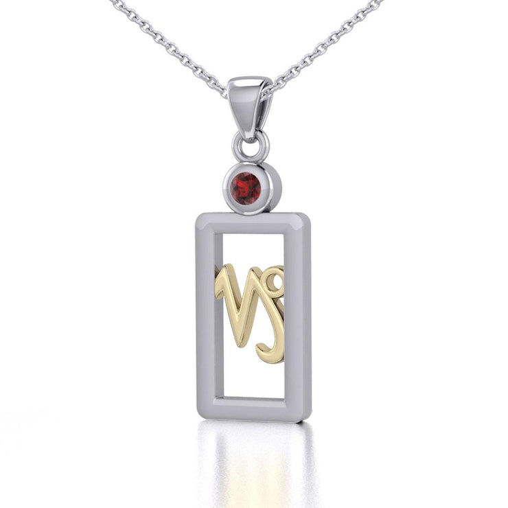 Capricorn Zodiac Sign Silver and Gold Pendant with Garnet and Chain Jewelry Set MSE781