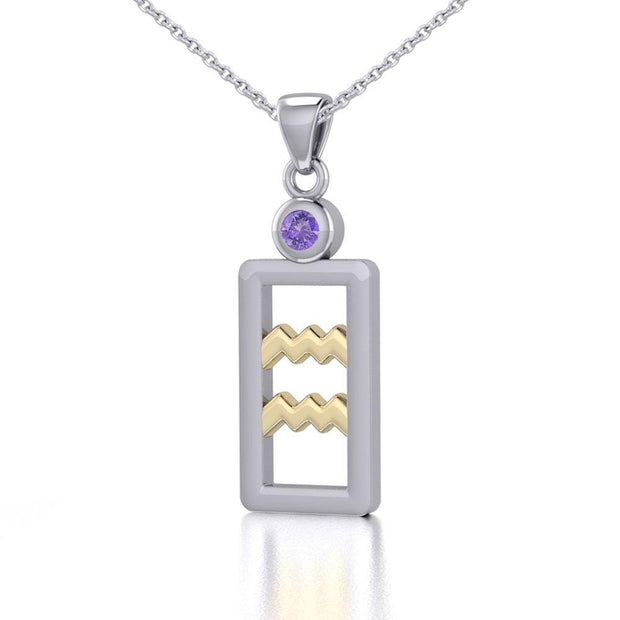 Aquarius Zodiac Sign Silver and Gold Pendant with Amethyst and Chain Jewelry Set MSE782