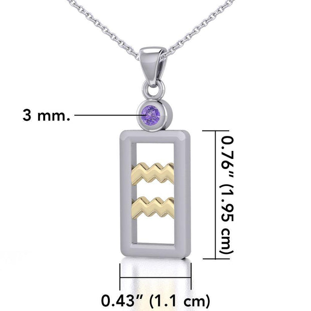 Aquarius Zodiac Sign Silver and Gold Pendant with Amethyst and Chain Jewelry Set MSE782