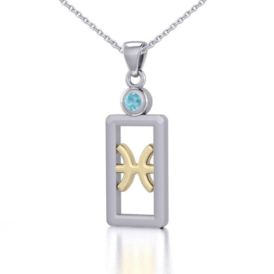 Pisces Zodiac Sign Silver and Gold Pendant with Aquamarine and Chain Jewelry Set MSE783
