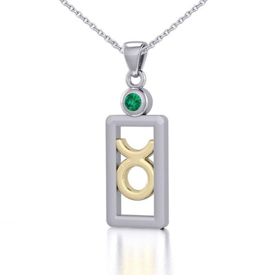 Taurus Zodiac Sign Silver and Gold Pendant with Emerald and Chain Jewelry Set MSE785