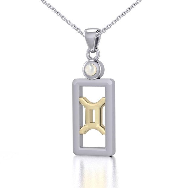 Gemini Zodiac Sign Silver and Gold Pendant with Mother of Pearl and Chain Jewelry Set MSE786