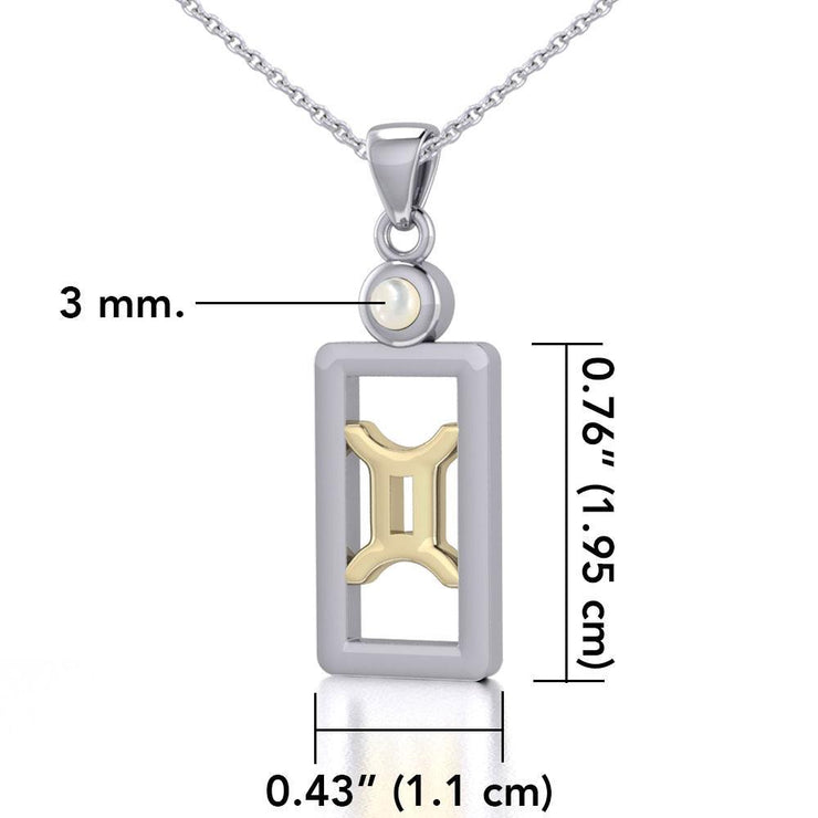 Gemini Zodiac Sign Silver and Gold Pendant with Mother of Pearl and Chain Jewelry Set MSE786